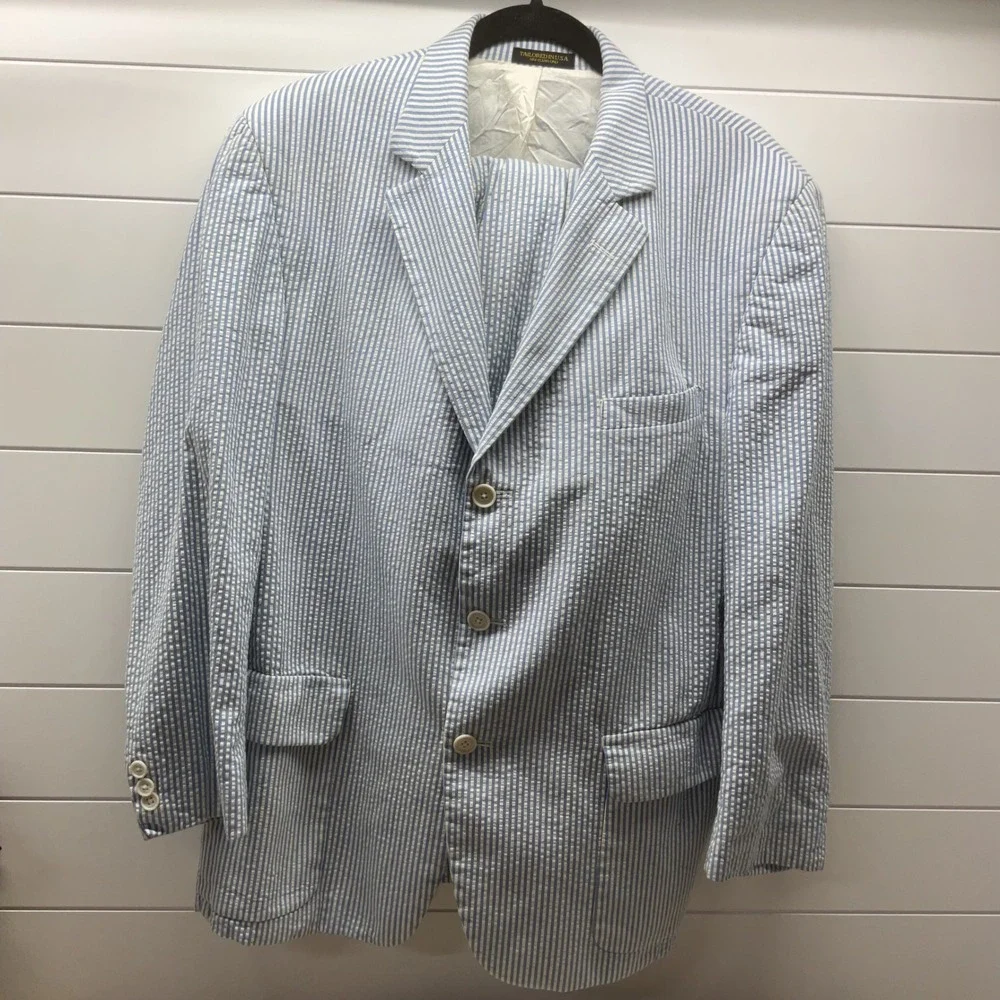 Maxs Mens Store Vintage Seersucker Suit Blue White Striped 2pc Made in USA 46 37